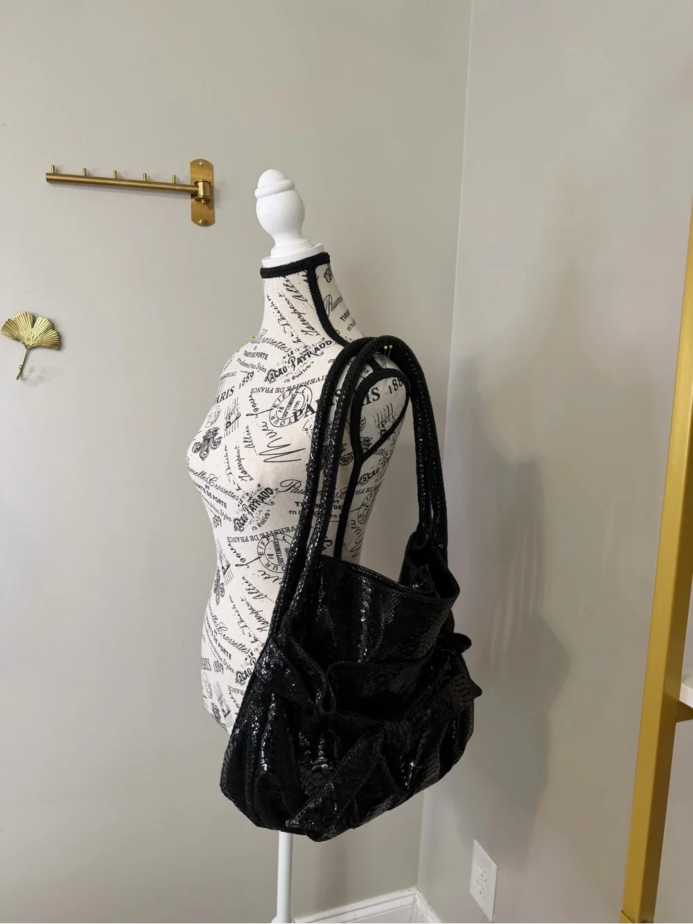 Perlina Black Snakeskin embossed patent leather Bow Shoulder Bag